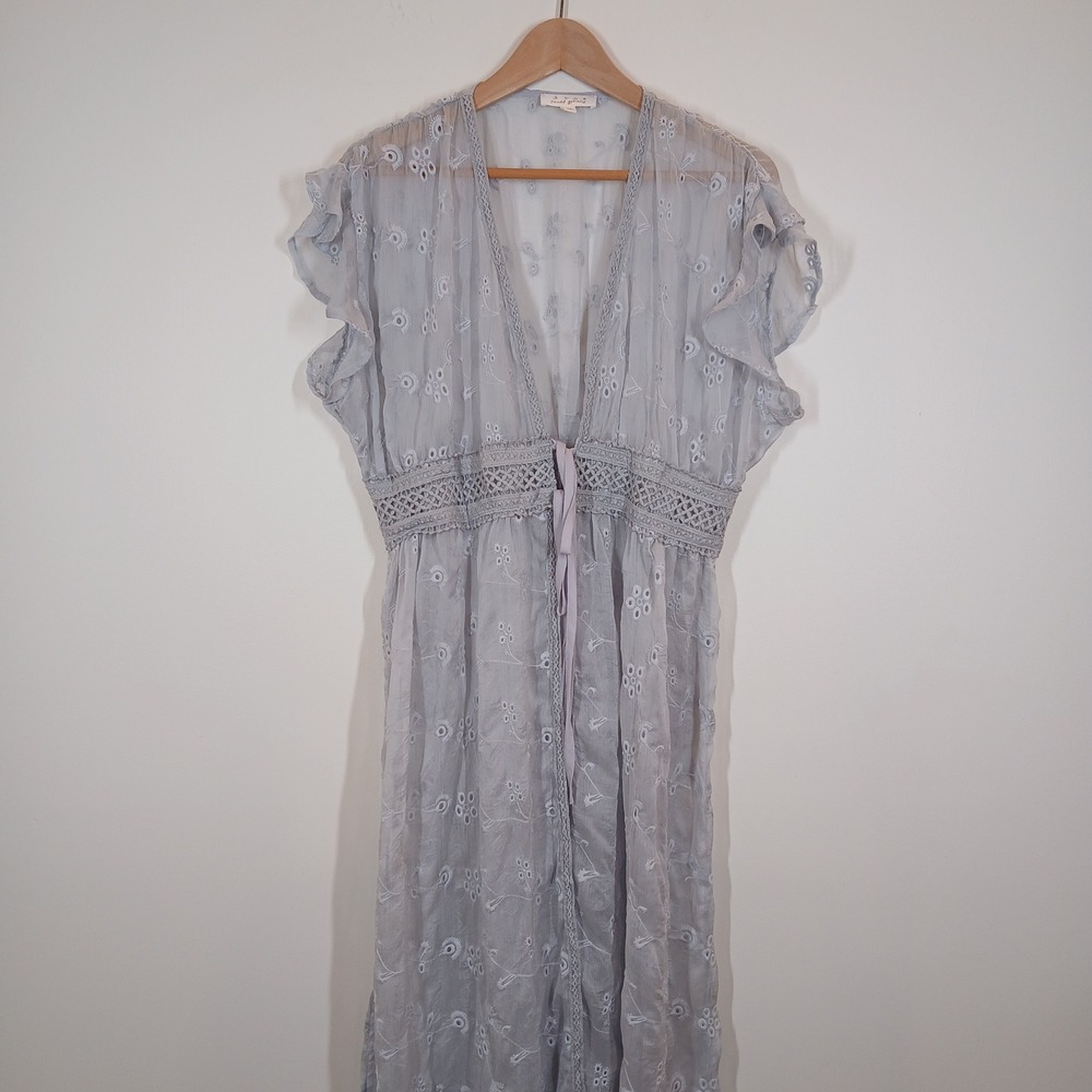 Sweet Generis Dress Women M/L Gray Eyelet Embroidered Boho Romantic Ruffle Maxi